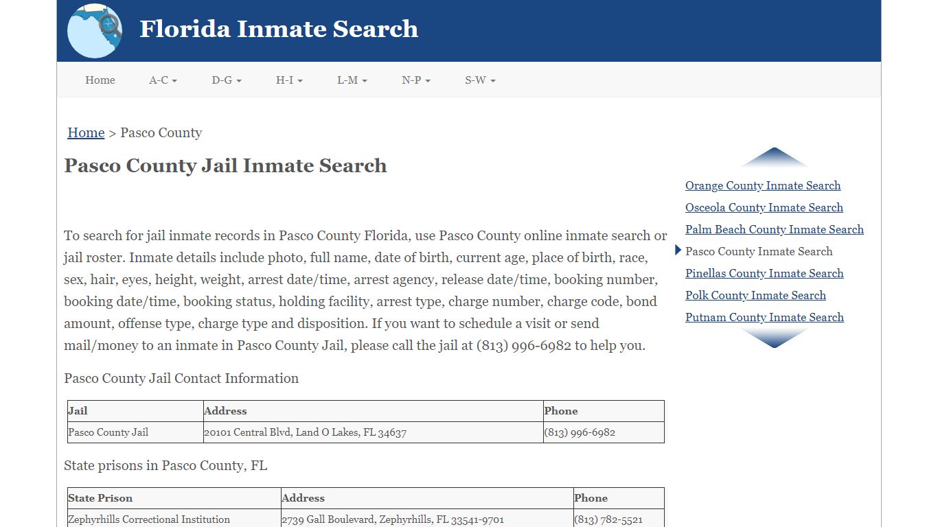 Pasco County FL Jail Inmate Search